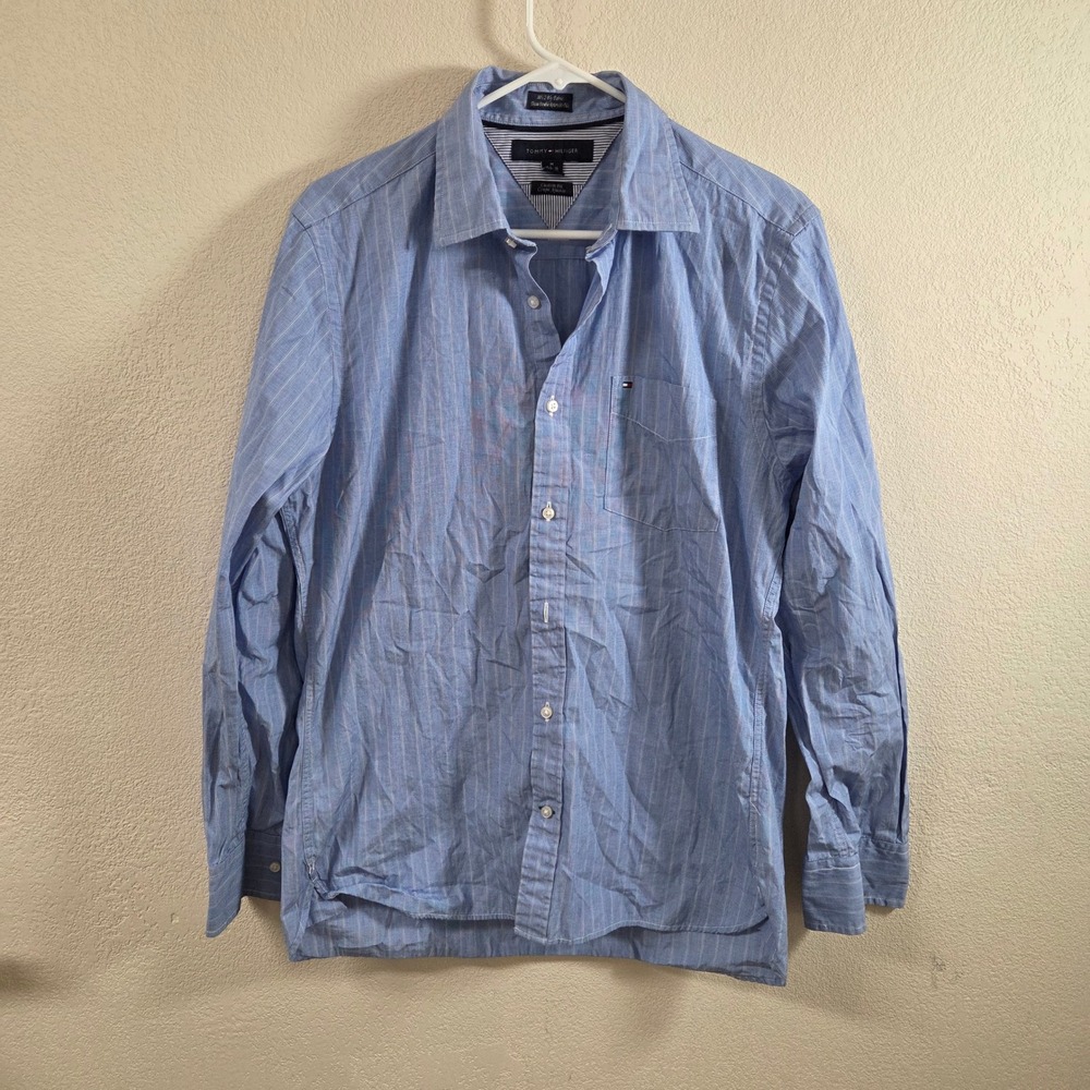 Tommy Hilfiger Mens Custom Fit Blue Striped Button Down Shirt Size M 15.5 32-33